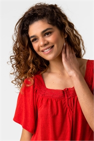 Red Lace Detail Square Neck Top