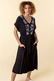 Black Embroidered Button Through Midi Dress