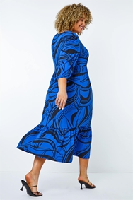 Royal Blue Curve Abstract Print Tiered Midi Stretch Dress