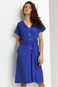Royal Blue Cotton Belted Midi Shirt Dress