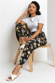 Black Petite Floral Print Tapered Trousers