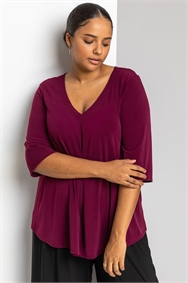 Wine Curve V Neck Pleat Front Top