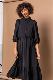 Black Tiered Midi Length Shirt Dress
