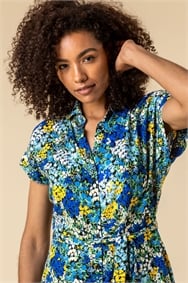 Blue Contrast Floral Print Shirt Dress