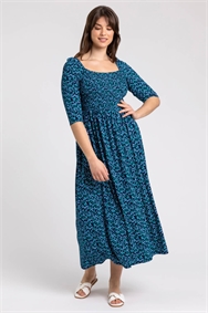 Blue Curve Ditsy Floral Shirred Midi Dress