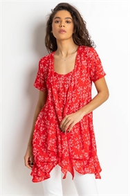 Red Floral Print Crinkle Tunic Top