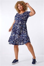 Navy Curve Ditsy Floral Patchwork Swing Dress