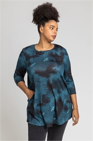 Teal Curve Abstract Print Pocket Top