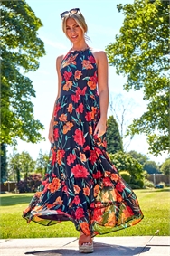 Black Floral Print Halterneck Maxi Dress