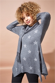 Light-Grey Star Print Knitted Tunic with Tassel Scarf