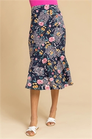 Navy Floral Print Fluted Hem Midi Skirt