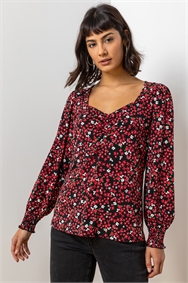 Red Disty Floral Print Top