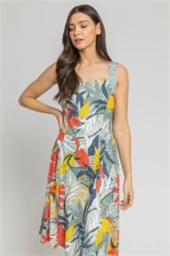 Khaki Tropical Print Fit and Flare Dress