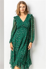 Green Animal Print Chiffon Midi Dress