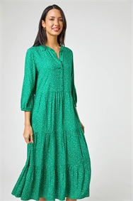 Green Spot Print Tiered Button Midi Dress
