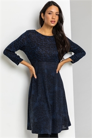 Navy Contrast Animal Fit & Flare Dress