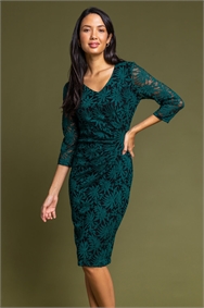 Green Palm Print Lace Ruched Dress