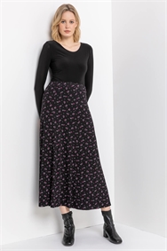 Black Floral Print Jersey Midi Skirt