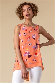 Coral Abstract Floral Print Vest Top