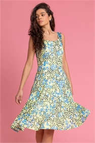 Lime Floral Spot Print Fit and Flare Dress