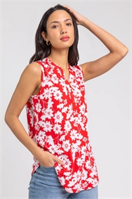Red Floral Puff Print Notch Neck Top