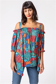 Turquoise Burnout Pineapple Print Cold Shoulder Top