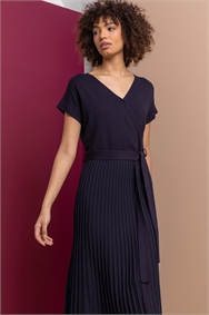 Navy Belted Wrap Pleated Knit Dress