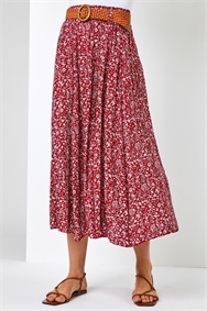 Red Ditsy Floral Belted Midi Skirt