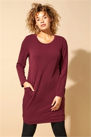 Wine Front Pocket Long Sleeve Cocoon Dress
