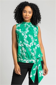 Green Petite Floral Print High Neck Tie Top