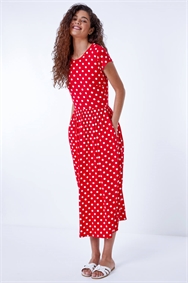 Red Stretch Jersey Spot Midi Dress