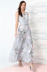 Grey Floral Pleated Maxi Dress