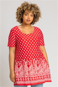 Red Curve Paisley Border Print Top