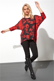 Red Contrast Floral Print Tunic Top