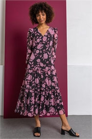 Pink Floral Spot Print Tiered Midi Dress