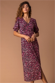 Rose Floral Print Puff Sleeve Midi Dress