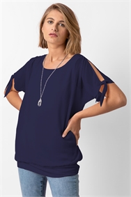 Navy Chiffon Layered Tie Detail Top with Necklace