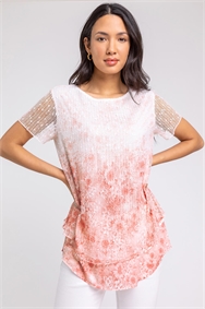 Pink Sequin Mesh Overlay Floral Stretch Top