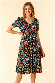 Multi Floral Print Gathered Front Dress