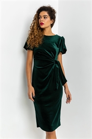Green Velvet Bubble Sleeve Midi Dress