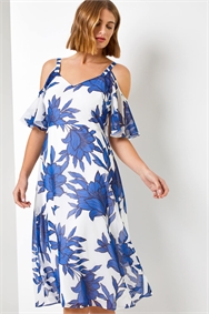Royal Blue Linear Floral Print Cold Shoulder Dress