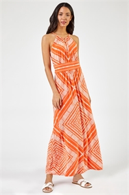 Orange Boho Print Halterneck Maxi Dress