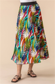 Multi Tropical Leaf Print Pleated Maxi Skirt