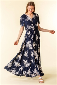 Navy Floral Print Shirred Waist Maxi Dress