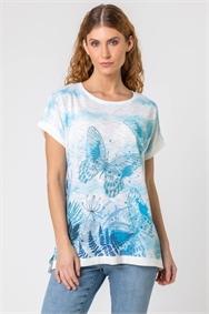 Blue Butterfly Embelished Print T-Shirt