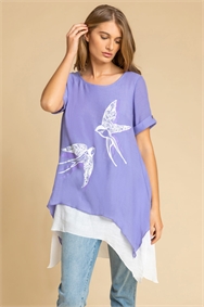 Purple Bird Print Asymmetric Tunic Top
