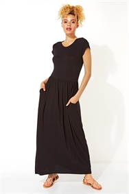 Black Gathered Skirt Maxi Dress