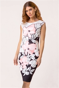 Light Pink Floral Placement Print Stretch Dress