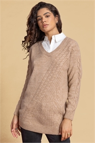 Camel Shirt Collared Cable Knit Jumper