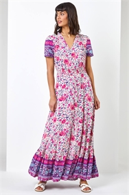 Pink Floral Shirred Waist Maxi Dress